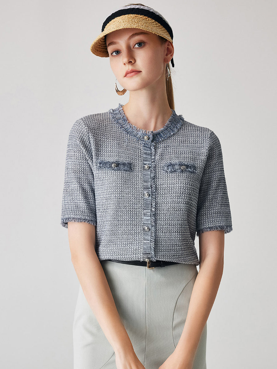 COMOBOCA Women's Cotton Silk Frayed Edge Button-Up Blouse