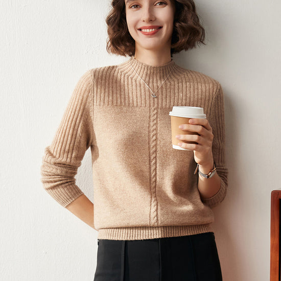 COMOBOCA CAMEL 100% Cashmere Women's Mock Neck Cable Knit Sweater