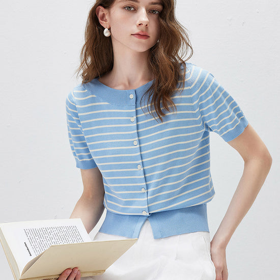 COMOBOCA Women's Striped Short Sleeve Knit Cardigan