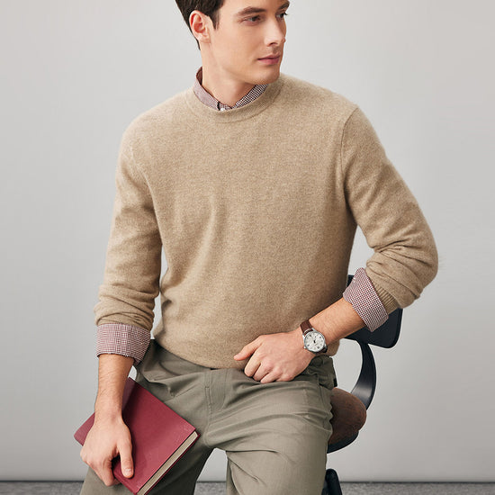 COMOBOCA 100% Cashmere Men's Ribbed Round Neck Knit Sweater