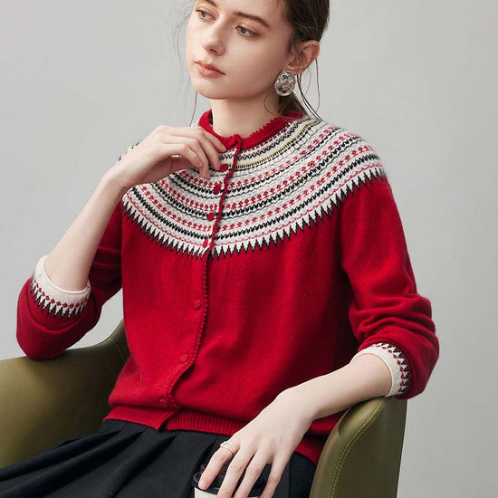 COMOBOCA 100% Cashmere Women's Fair Isle Button Front Cardigan