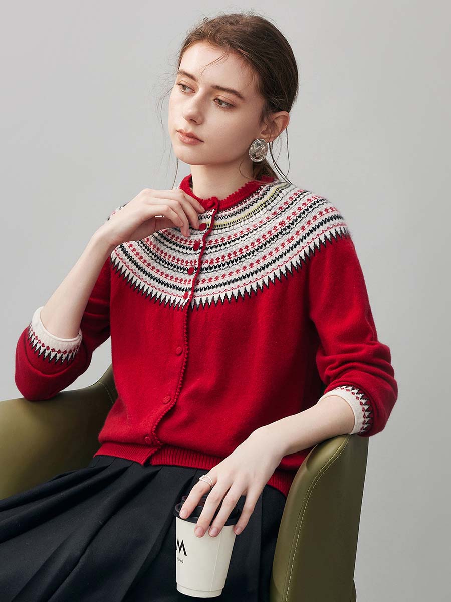 COMOBOCA 100% Cashmere Women's Fair Isle Button Front Cardigan