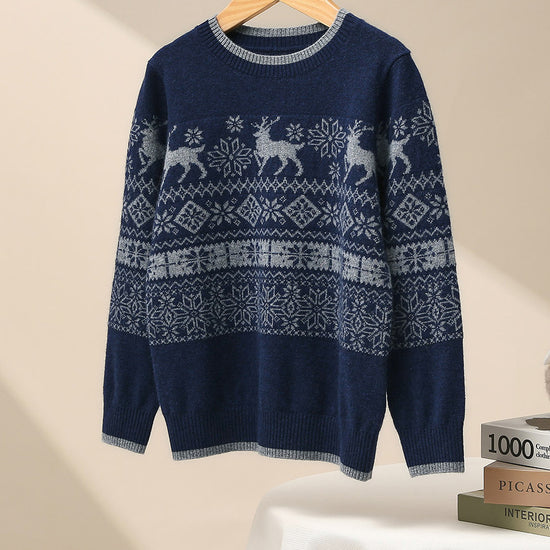 COMOBOCA Blue 100% Wool Kids' Nordic Reindeer Pattern Knit Sweater