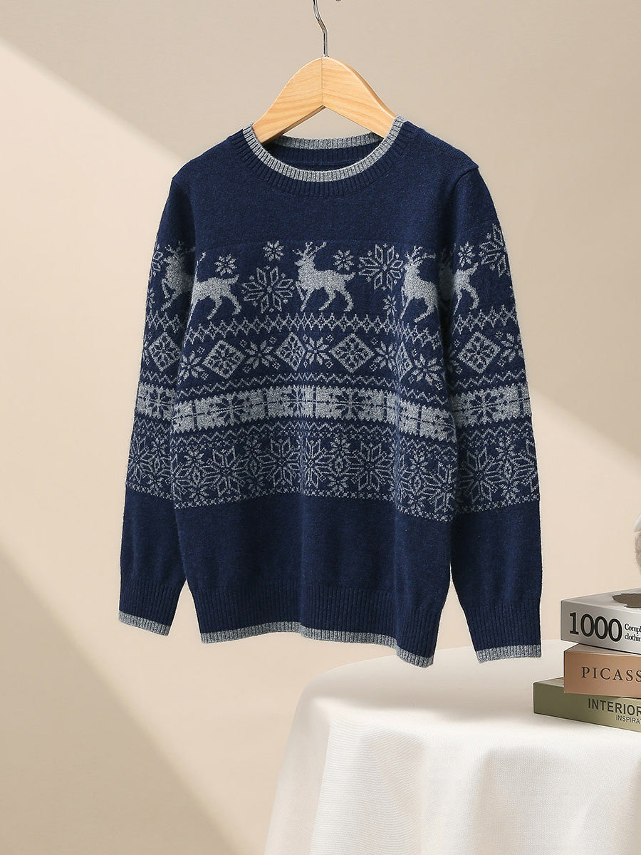 COMOBOCA Blue 100% Wool Kids' Nordic Reindeer Pattern Knit Sweater