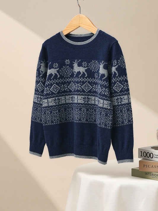 COMOBOCA Blue 100% Wool Kids' Nordic Reindeer Pattern Knit Sweater