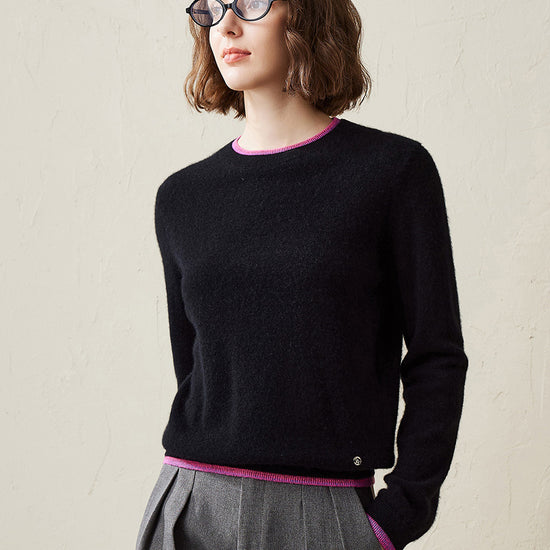 COMOBOCA Black 100% Cashmere Women's Color Accented Knit Pullover Sweater