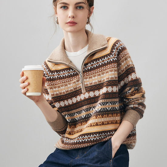 COMOBOCA 100% Cashmere Women's Fair Isle Half Zip Sweater