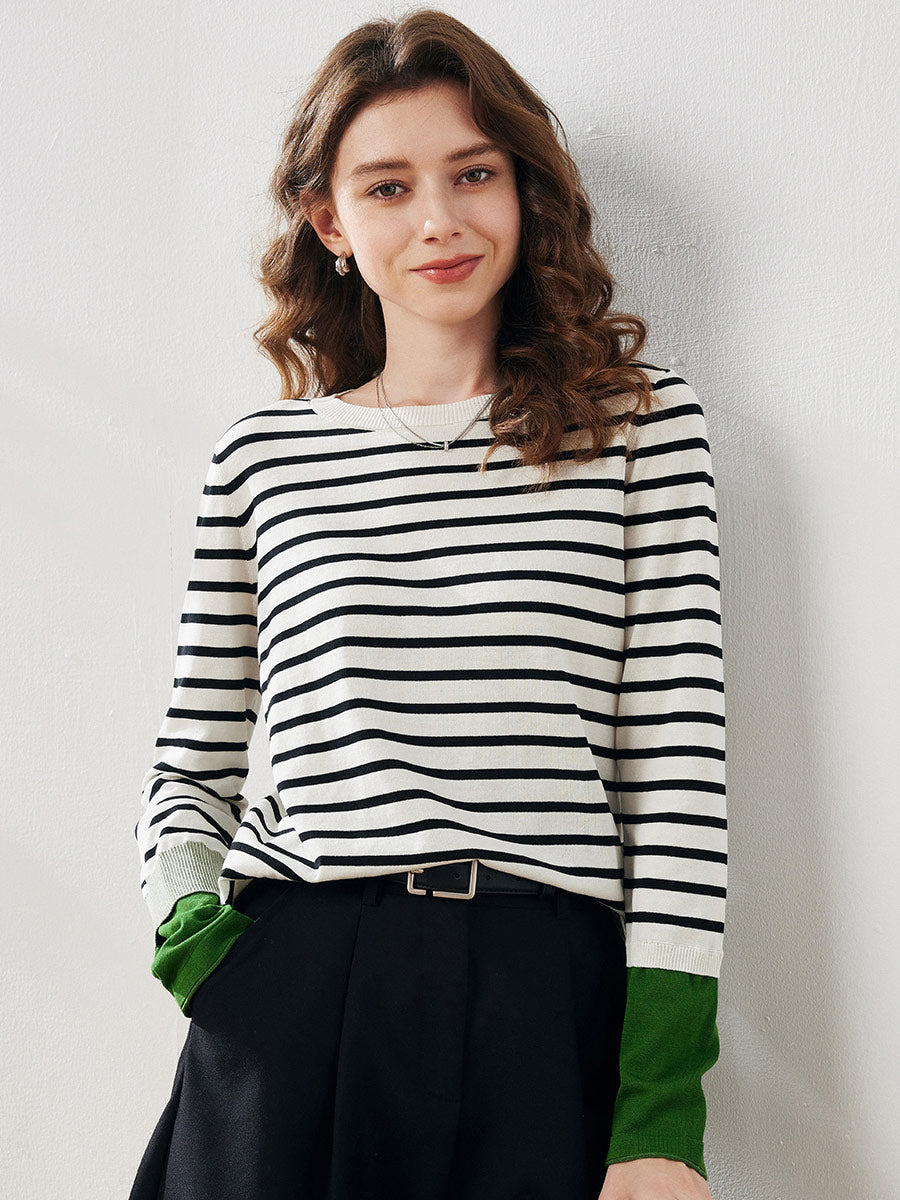 COMOBOCA Women's Striped Round Neck T-Shirt Sweater