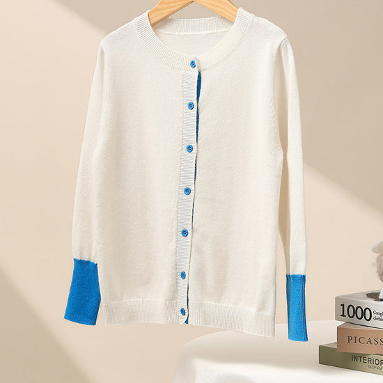 COMOBOCA White 100% Wool Kids' Color Contrast Cuff Button Up Cardigan