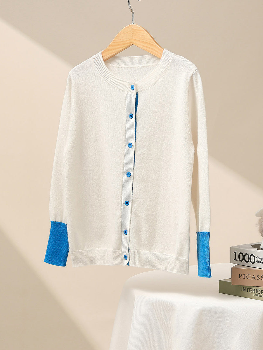 COMOBOCA White 100% Wool Kids' Color Contrast Cuff Button Up Cardigan