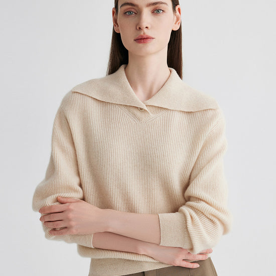 COMOBOCA Beige 100% Cashmere Women's Ribbed Sailor Collar Knit Sweater