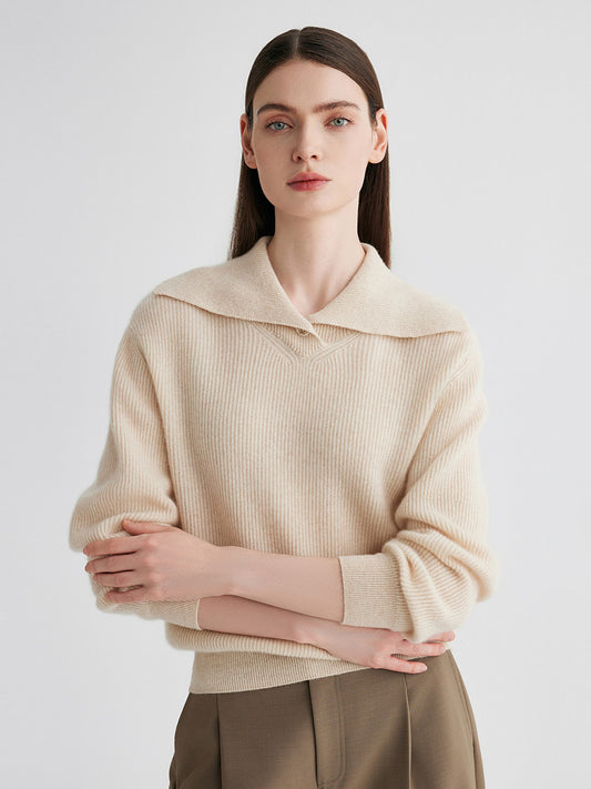 COMOBOCA Beige 100% Cashmere Women's Ribbed Sailor Collar Knit Sweater