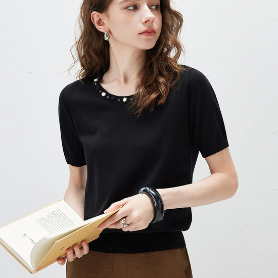 COMOBOCA Women's Rhinestone Trim Knit T-Shirt