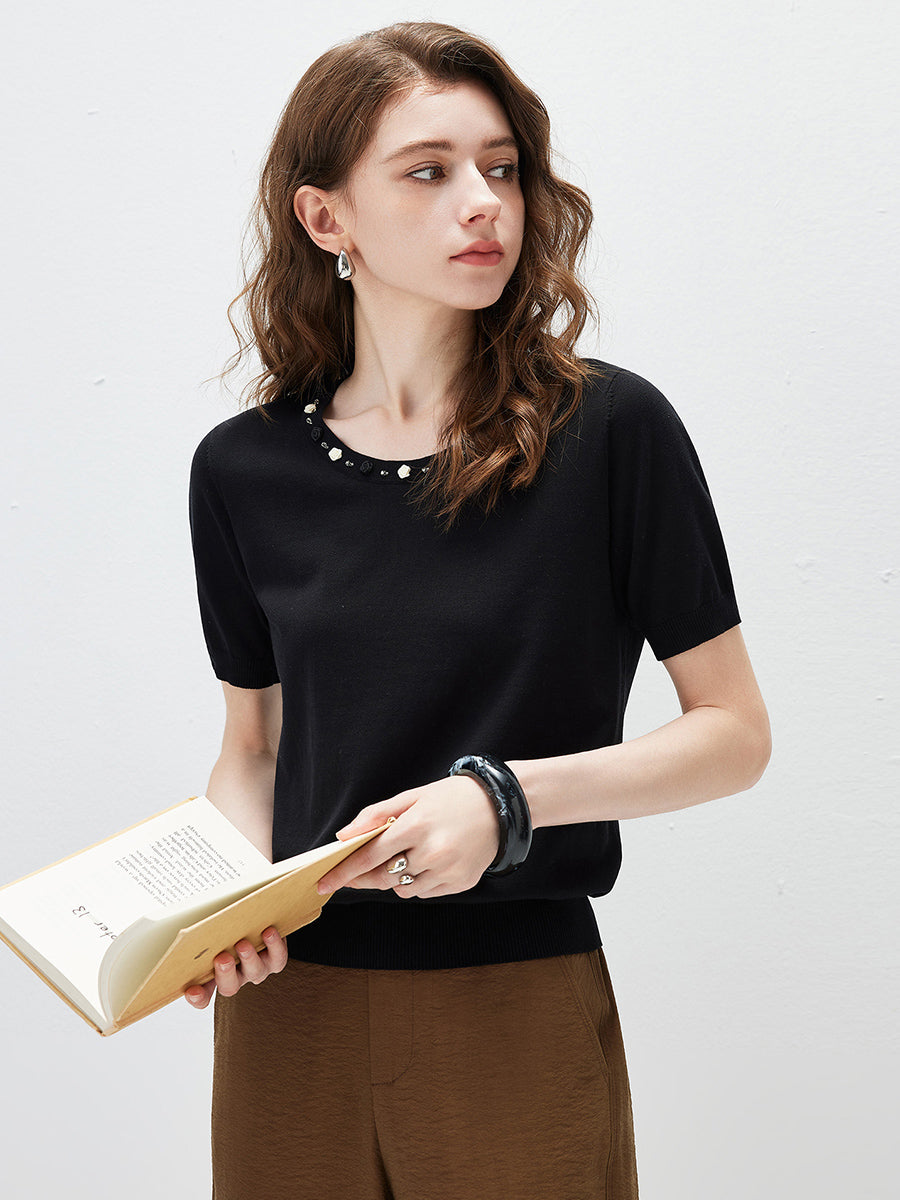 COMOBOCA Women's Rhinestone Trim Knit T-Shirt