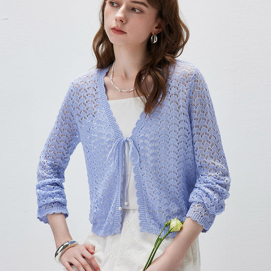 COMOBOCA Women's Linen Lace Knit Tie Front Cardigan