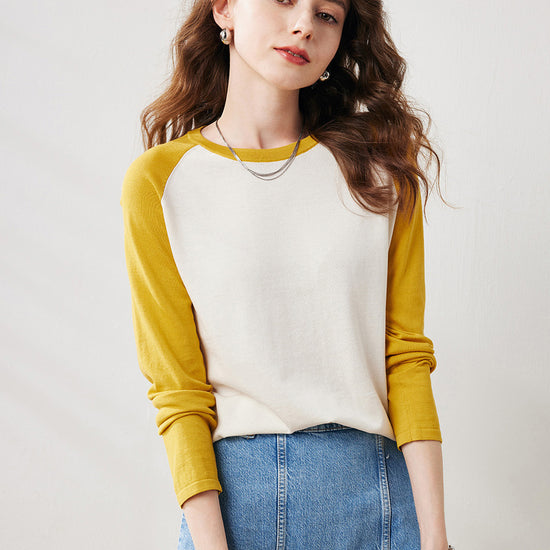 COMOBOCA Yellow Women's Colorblock Raglan Round Neck Sweater