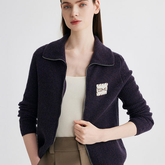 COMOBOCA 100% Cashmere Women's Ribbed Collared Zip Up Cardigan