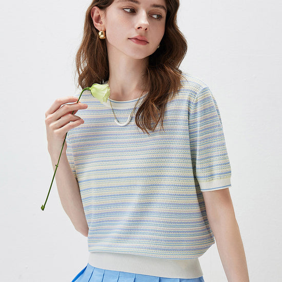 COMOBOCA Women's Pastel Marled Stripe Openwork Knit T-Shirt