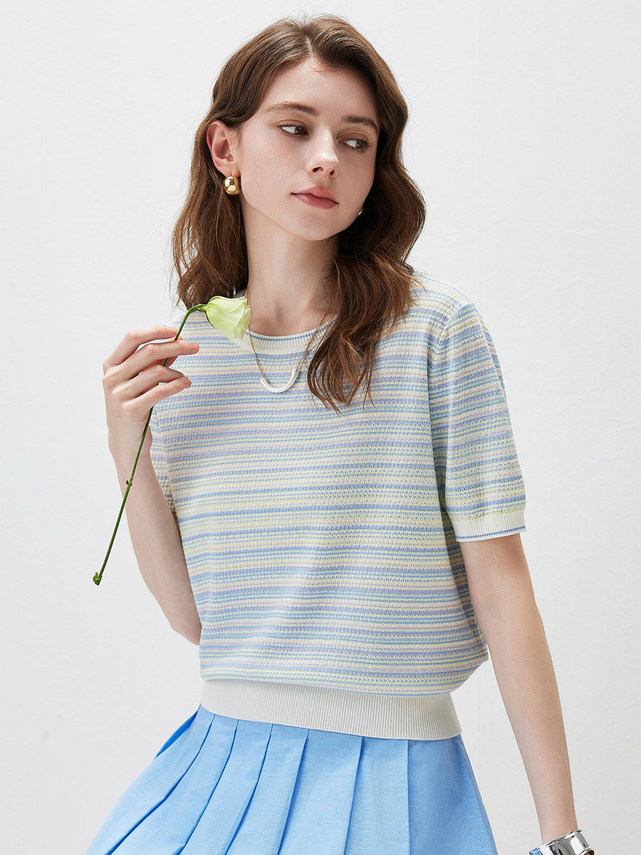 COMOBOCA Women's Pastel Marled Stripe Openwork Knit T-Shirt