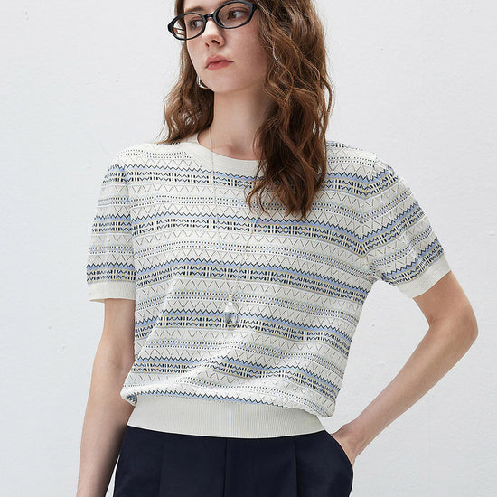COMOBOCA Women's Fair Isle Semi Sheer Knit T-Shirt