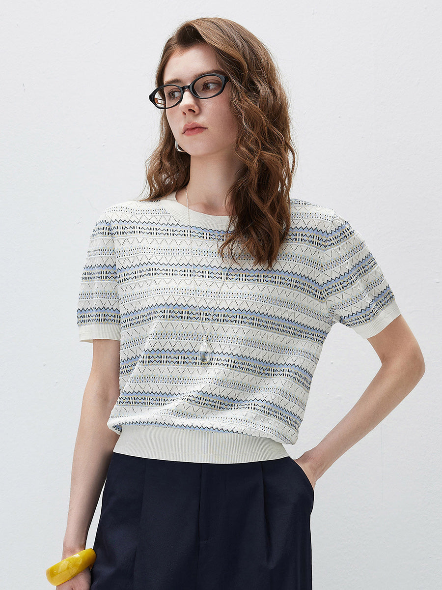 COMOBOCA Women's Fair Isle Semi Sheer Knit T-Shirt