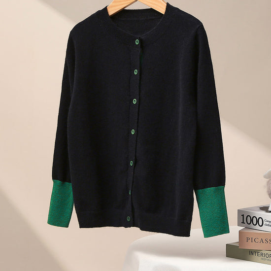 COMOBOCA Black 100% Wool Kids' Color Contrast Cuff Button Up Cardigan