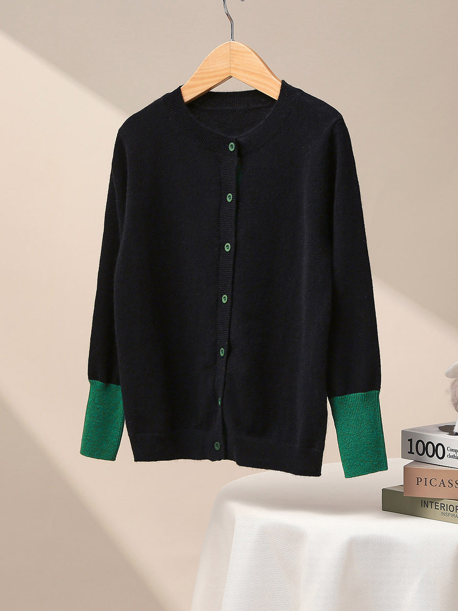 COMOBOCA Black 100% Wool Kids' Color Contrast Cuff Button Up Cardigan