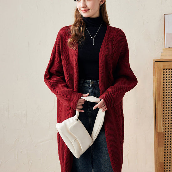 COMOBOCA Red 100% Wool Women's Cozy Cable Knit Long Coat