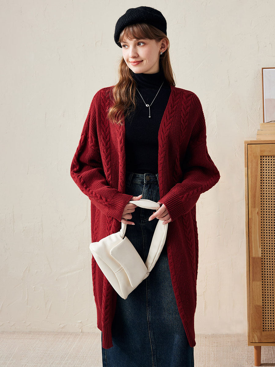 COMOBOCA Red 100% Wool Women's Cozy Cable Knit Long Coat