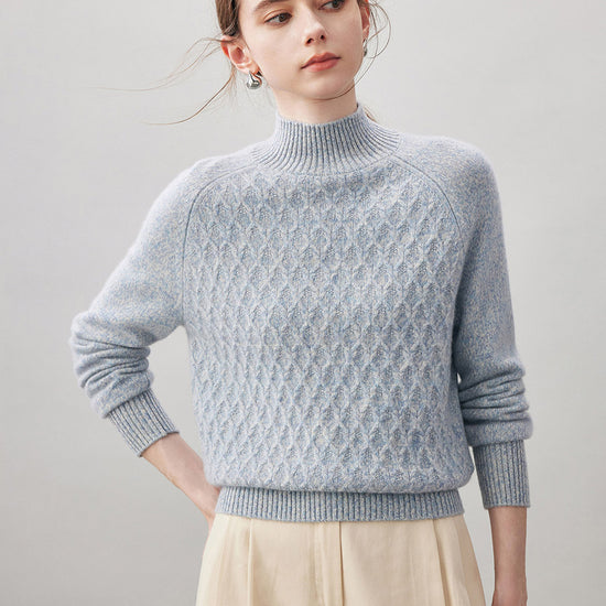 COMOBOCA Light Blue 100% Cashmere Women's Cable Knit Mock Neck Sweater