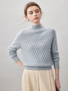 COMOBOCA Light Blue 100% Cashmere Women's Cable Knit Mock Neck Sweater