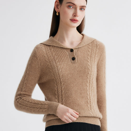 COMOBOCA Camel 100% Cashmere Women's Cable Sailor Collar Sweater