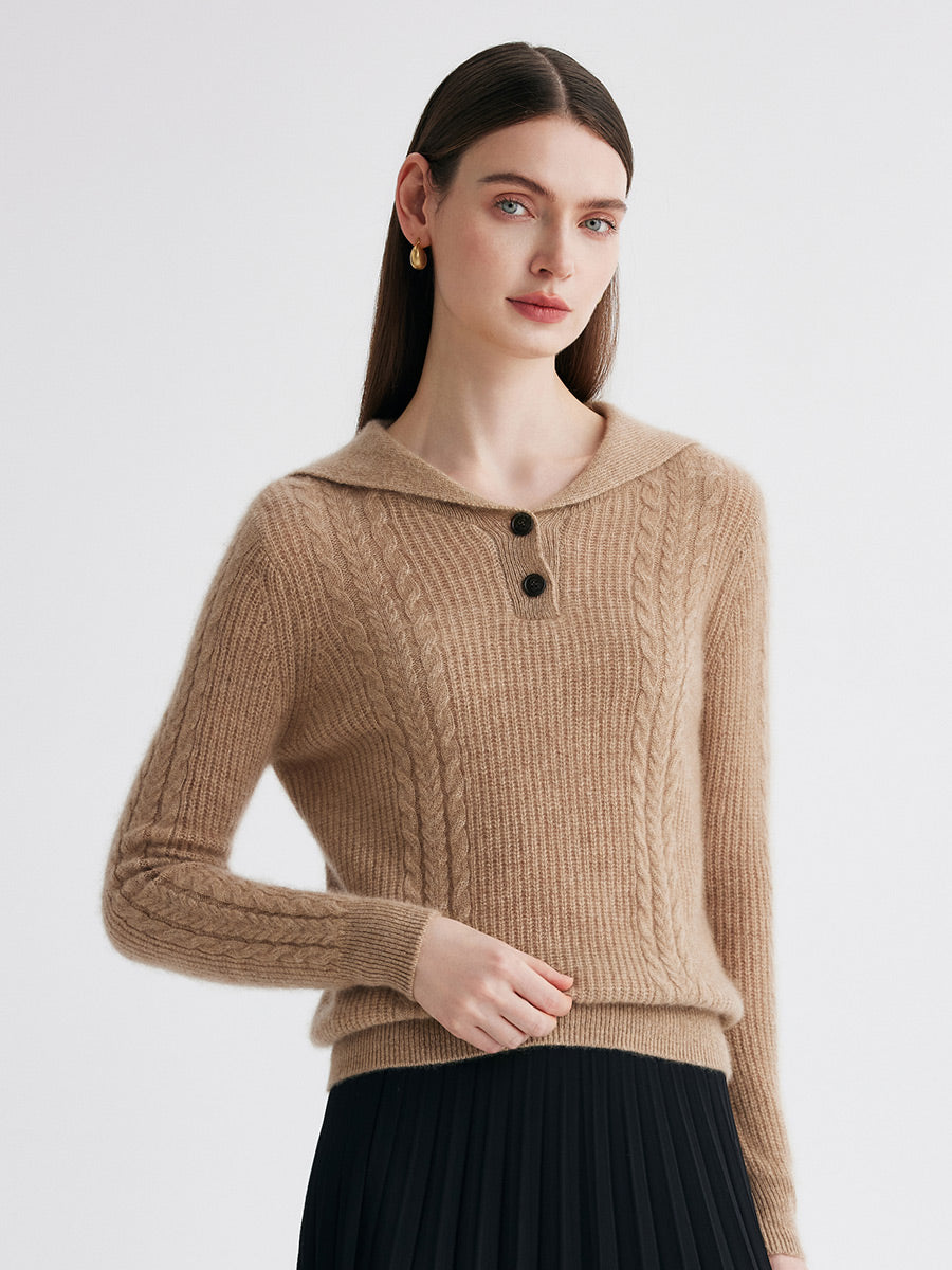 COMOBOCA Camel 100% Cashmere Women's Cable Sailor Collar Sweater