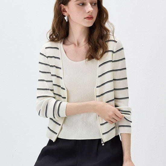 COMOBOCA Women's Striped Ribbed Knit Faux 2-in-1 Zip Cardigan