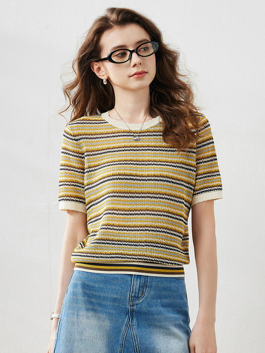 COMOBOCA Yellow Women's Striped Short Sleeve Knit Sweater