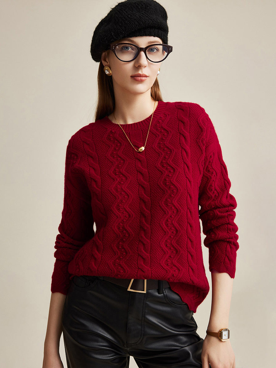 COMOBOCA 100% Wool Women's Vibrant Color Cable Knit Sweater