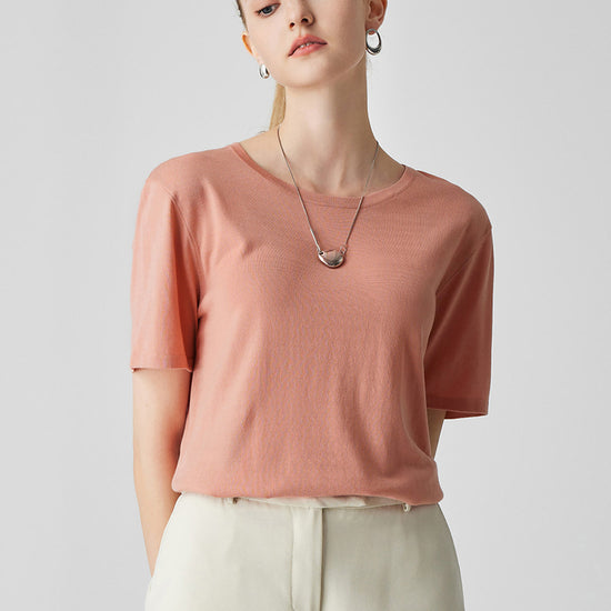 COMOBOCA Pink Women's Essential Round Neck Knit T-Shirt