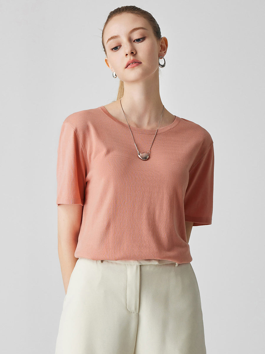 COMOBOCA Pink Women's Essential Round Neck Knit T-Shirt