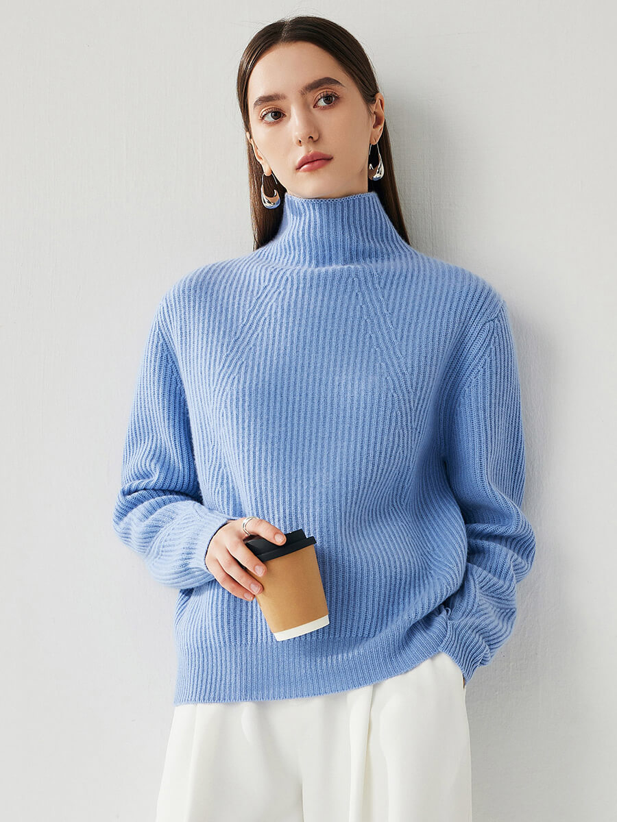 COMOBOCA 100% Cashmere Women's Turtleneck Ribbed Sweater