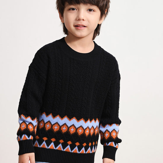 COMOBOCA BLACK 100% Wool Kids' Round Neck Striped Cable Knit Sweater