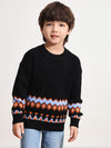 COMOBOCA BLACK 100% Wool Kids' Round Neck Striped Cable Knit Sweater
