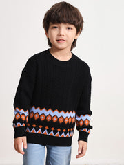 COMOBOCA BLACK 100% Wool Kids' Round Neck Striped Cable Knit Sweater