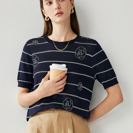 COMOBOCA Women's Striped Floral Knit T-Shirt