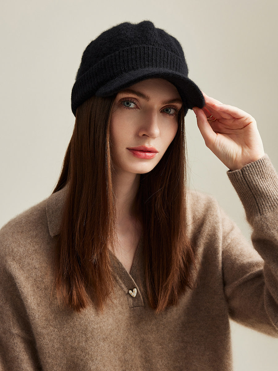 COMOBOCA Black 100% Cashmere Women's Knit Newsboy Cap