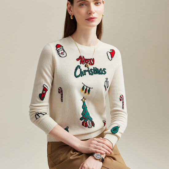 COMOBOCA 100% Cashmere Women's Christmas Embroidered Knit Sweater