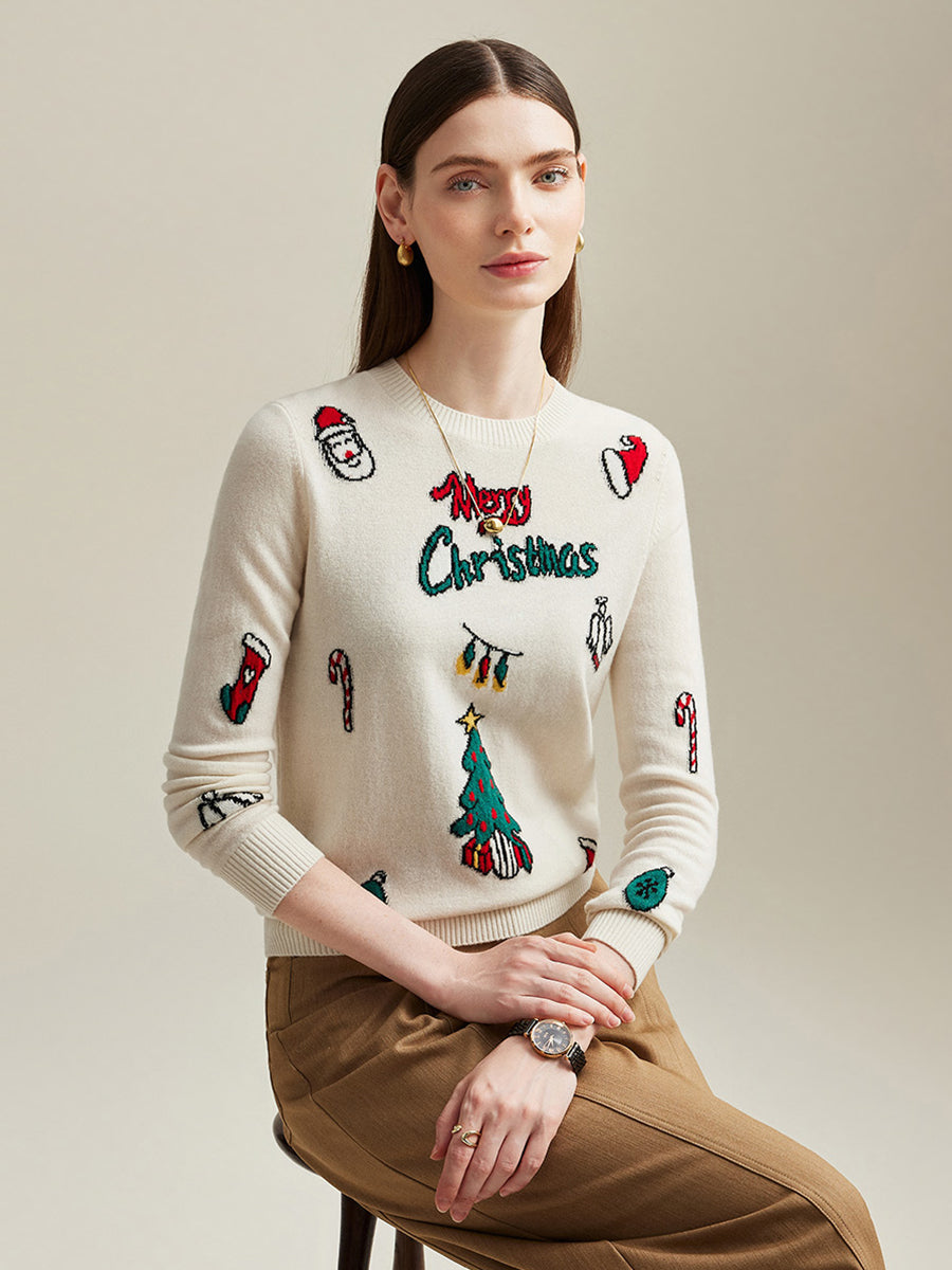 COMOBOCA 100% Cashmere Women's Christmas Embroidered Knit Sweater