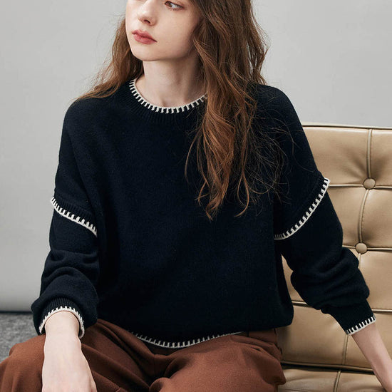 COMOBOCA 100% Wool Women's Contrast Trim Knit Sweater
