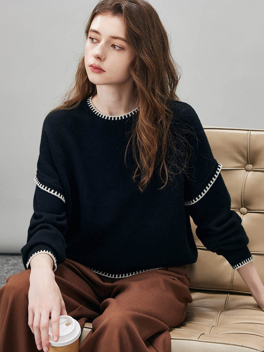 COMOBOCA 100% Wool Women's Contrast Trim Knit Sweater
