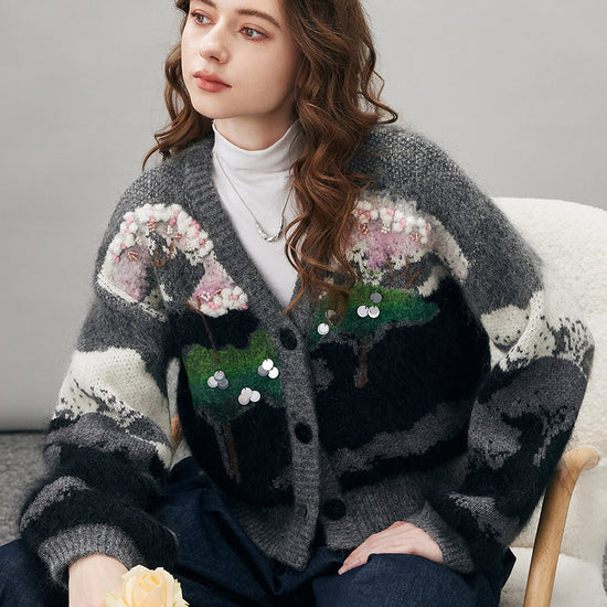 COMOBOCA Women's Landscape Patterned Knit Cardigan