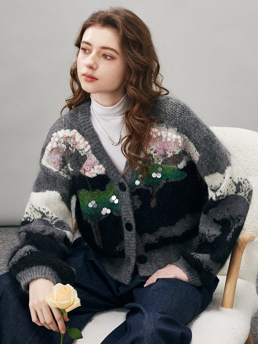 COMOBOCA Women's Landscape Patterned Knit Cardigan